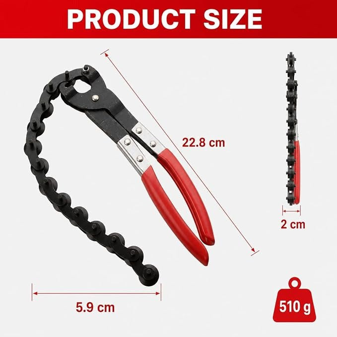 Exhaust Pipe Cutter, Chain Pipe Cutter Tool, Exhaust Cutter for Car Repair Car exhaust pipe cutting pliers with red handles and chain-style section; measures 22.8 x 5.9 x 2 cm and weighs 510 g.