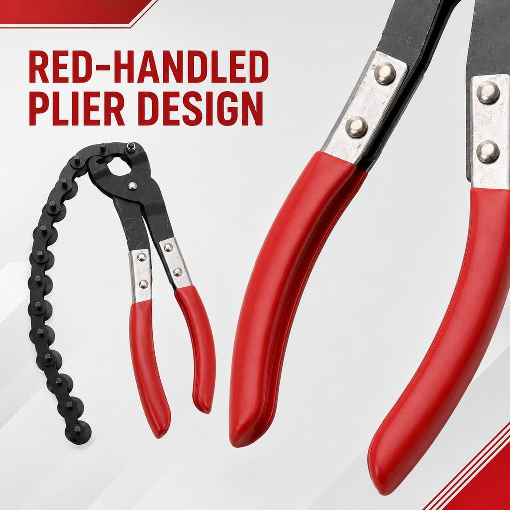 Exhaust Pipe Cutter, Chain Pipe Cutter Tool, Exhaust Cutter for Car Repair Car exhaust pipe cutting pliers with red handles and chain-style section; measures 22.8 x 5.9 x 2 cm and weighs 510 g.